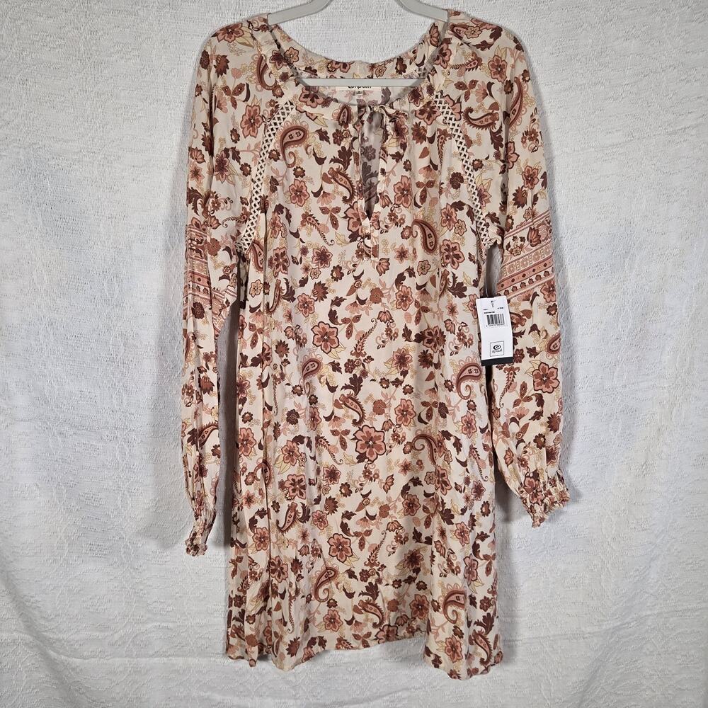 RipCurl Desert Dawn Tunic Dress Size S Boho Floral Paisley Long Sleeve Cream NWT